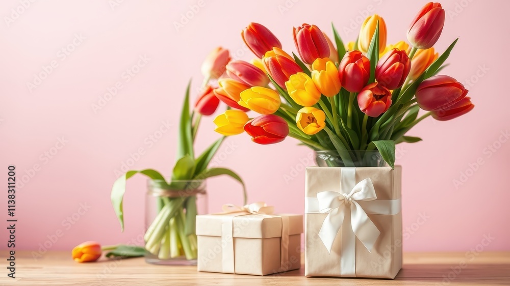 A bouquet of vibrant tulips arranged in a glass vase with a gift box tied with a white ribbon, a symbol of celebration and joy. A bouquet of vibrant tulips arranged in a glass vase with a gift box tied with a white ribbon, a symbol of celebration and joy.