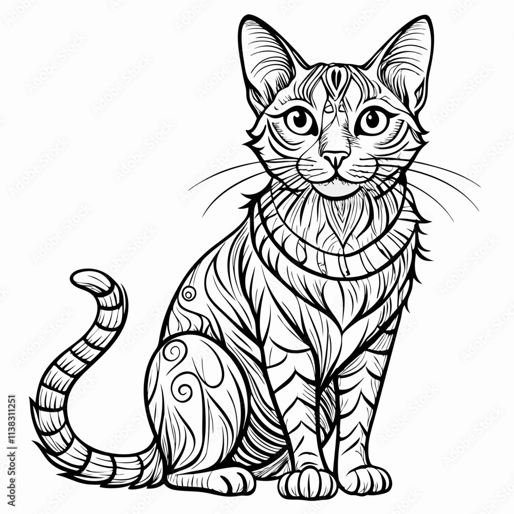 A detailed and beautiful line drawing of a cat. ,white background A detailed and beautiful line drawing of a cat. ,white background