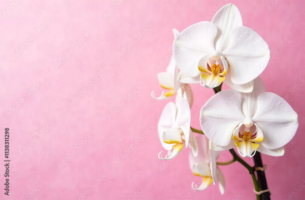 Obraz premium White orchid flowers on pink background, empty space for text, Mother's Day card.