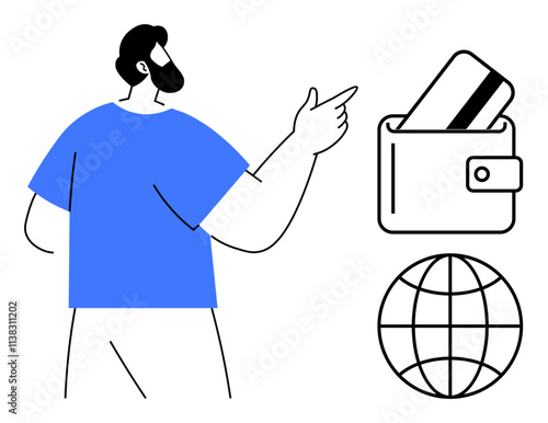Man pointing at wallet with credit card and globe symbol. Ideal for finance, online shopping, banking, global transactions, digital payments, mobile wallets, fintech. Line metaphor
