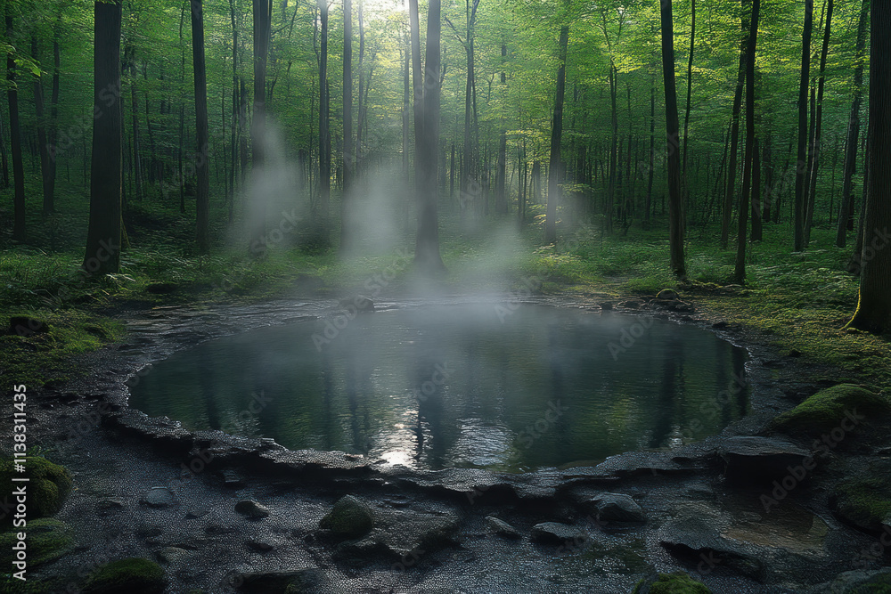 Obraz premium Misty pond in a sunlit forest.