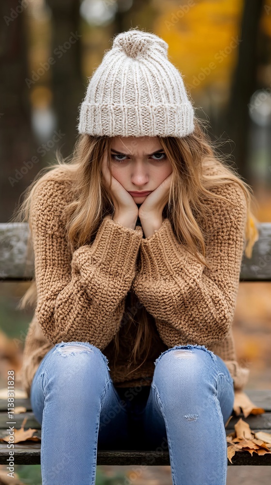 Frustrated young woman in a cozy sweater and hat, sitting on a park bench surrounded by autumn leaves. Frustrated young woman in a cozy sweater and hat, sitting on a park bench surrounded by autumn leaves.