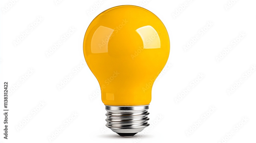 Yellow Light Bulb: A single yellow light bulb against a white background. The bulb is a standard A19 shape with a clear glass and a silver base. The bulb is illuminated and casting a warm glow. Yellow Light Bulb: A single yellow light bulb against a white background. The bulb is a standard A19 shape with a clear glass and a silver base. The bulb is illuminated and casting a warm glow.