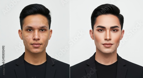 Transformation of young asian male with before and after makeup and digital enhancement photo