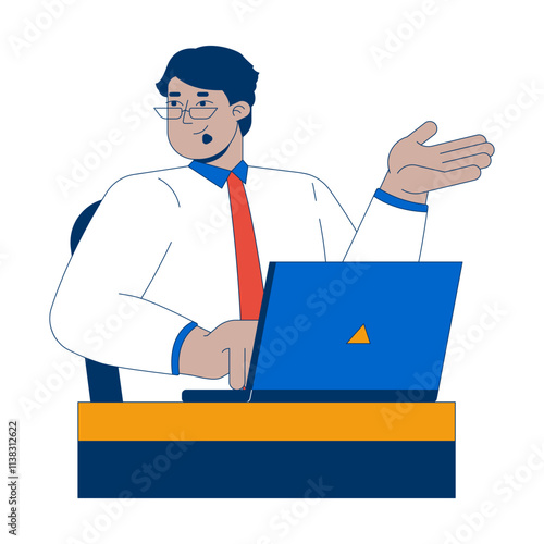 Shrugging arab man office worker typing laptop at desk 2D cartoon character. Middle eastern male employee working notebook isolated person flat vector on white background. Spot illustration colorful