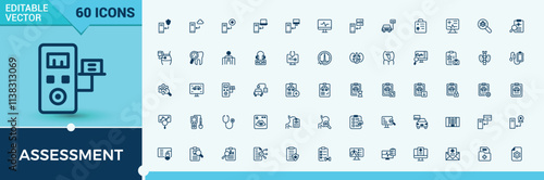 Assessment line icons set. Includes thin line Diagnostic, medicine, cardiogram, pharmacy, insulin, health, blood and more. Outline symbol collection. Vector outline and solid icons collection.