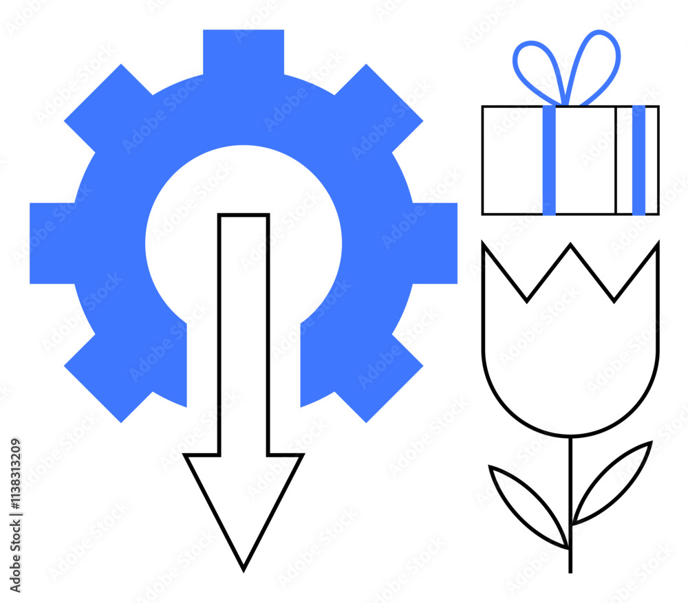 Gear with downward arrow, gift box with bow, and flower outline. Ideal for business growth, achievement, progress, technology, productivity rewards and celebration themes. Line metaphor Gear with downward arrow, gift box with bow, and flower outline. Ideal for business growth, achievement, progress, technology, productivity rewards and celebration themes. Line metaphor