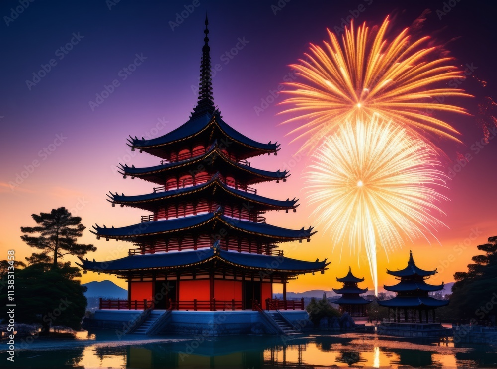 Fireworks illuminate a traditional pagoda at sunset, creating a stunning visual contrast in the sky Fireworks illuminate a traditional pagoda at sunset, creating a stunning visual contrast in the sky