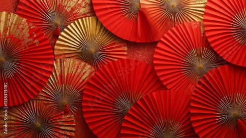 Red and gold fan pattern background. Festival or wedding traditional asian decoration. Lunar New Year chinese banner template