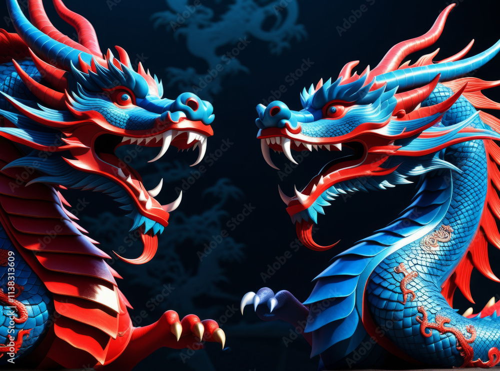 Dynamic clash of blue and red dragons in an epic fantasy showdown set against a dark backdrop Dynamic clash of blue and red dragons in an epic fantasy showdown set against a dark backdrop