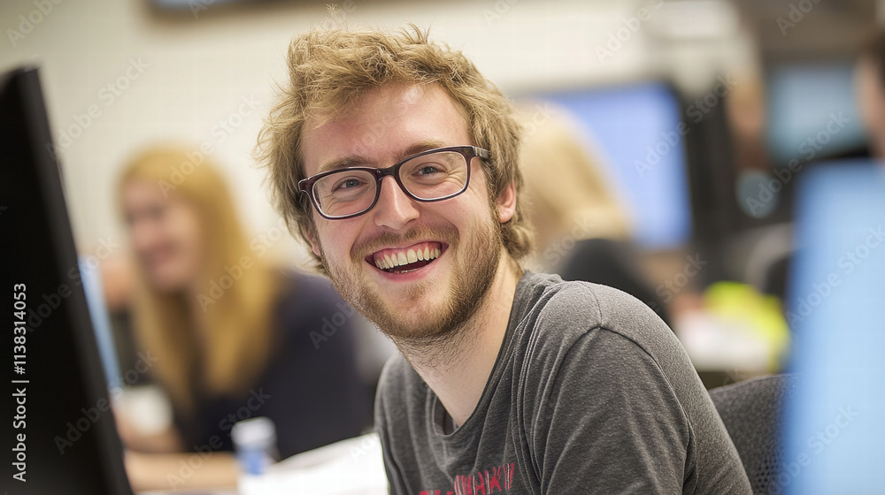 young man smiling joyfully in modern office environment, surrounded by colleagues young man smiling joyfully in modern office environment, surrounded by colleagues