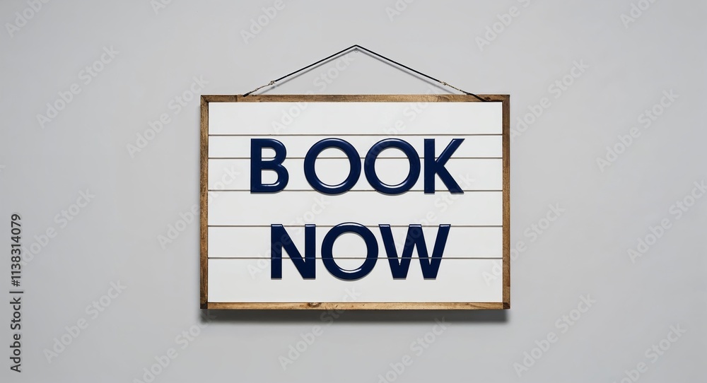Book now lettering on hanging sign board on plain white background Book now lettering on hanging sign board on plain white background