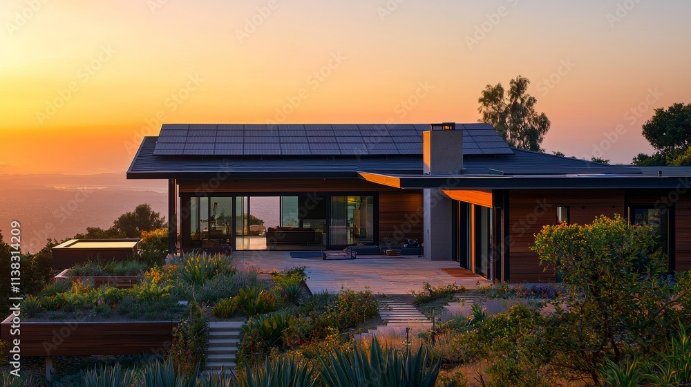 Fototapeta premium Modern Eco-Friendly Home with Solar Panels at Sunset