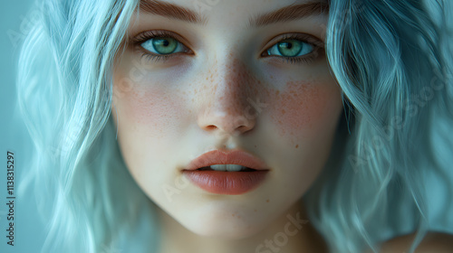 "Close-Up Portrait of a Young Woman with Blue Hair and Expressive Eyes"