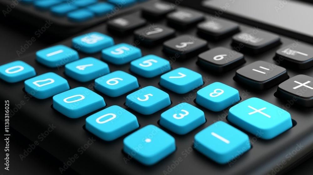 Calculator vector set. Office calculator in black and blue colors with top view 3D realistic look for design elements. Vector illustration.
Calculator vector set. Office calculator in black and blue colors with top view 3D realistic look for design elements. Vector illustration.