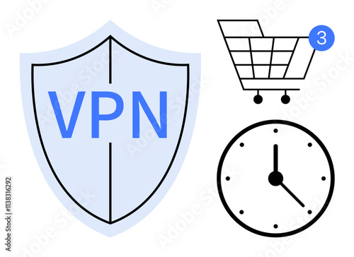 VPN shield icon representing online security, shopping cart with three notifications indicating items added, and clock for time management. Ideal for cybersecurity, e-commerce, time management