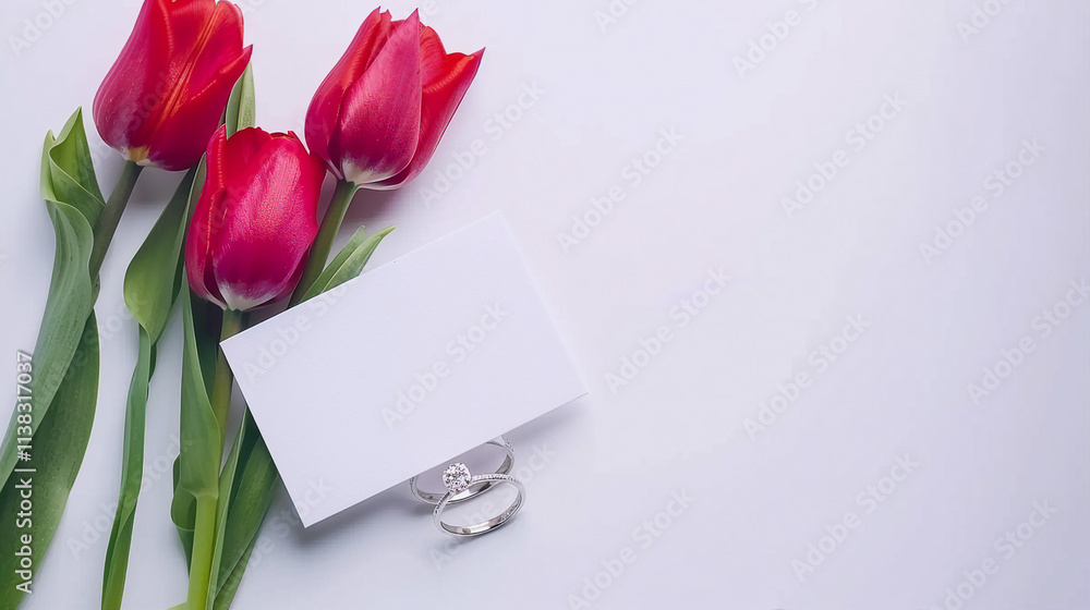 Fototapeta premium A top view of fresh tulips with a blank card and an elegant diamond ring, perfect for an engagement proposal or romantic celebration, capturing the essence of love and luxury.