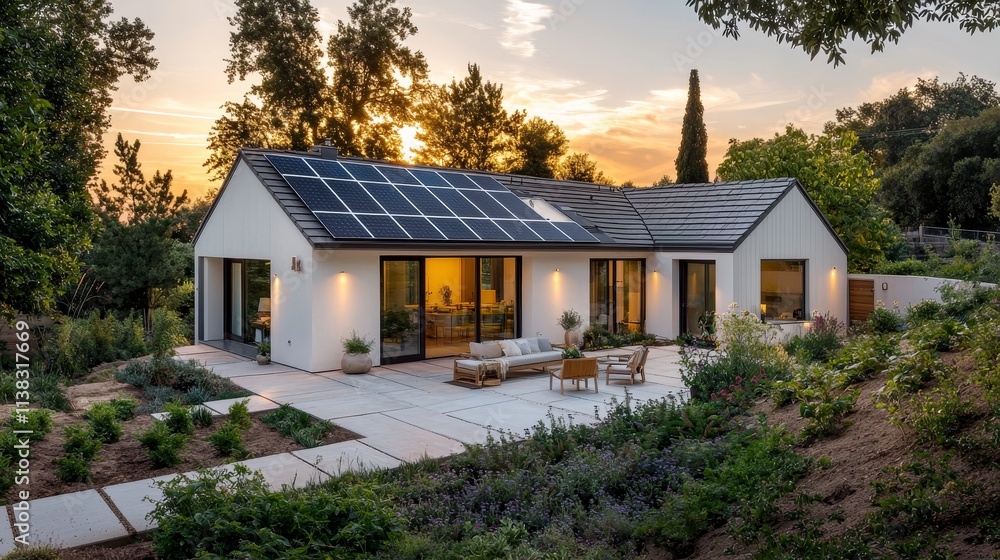 Charming Modern Home with Solar Panels Amid Serene Landscaping