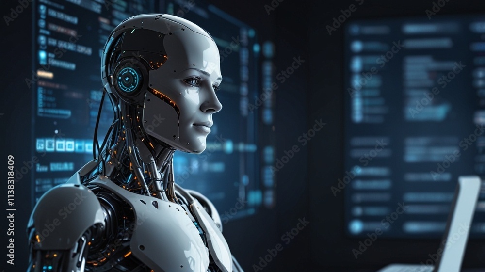Ai agent, ai robot with laptop, ai background, generative ai Ai agent, ai robot with laptop, ai background, generative ai