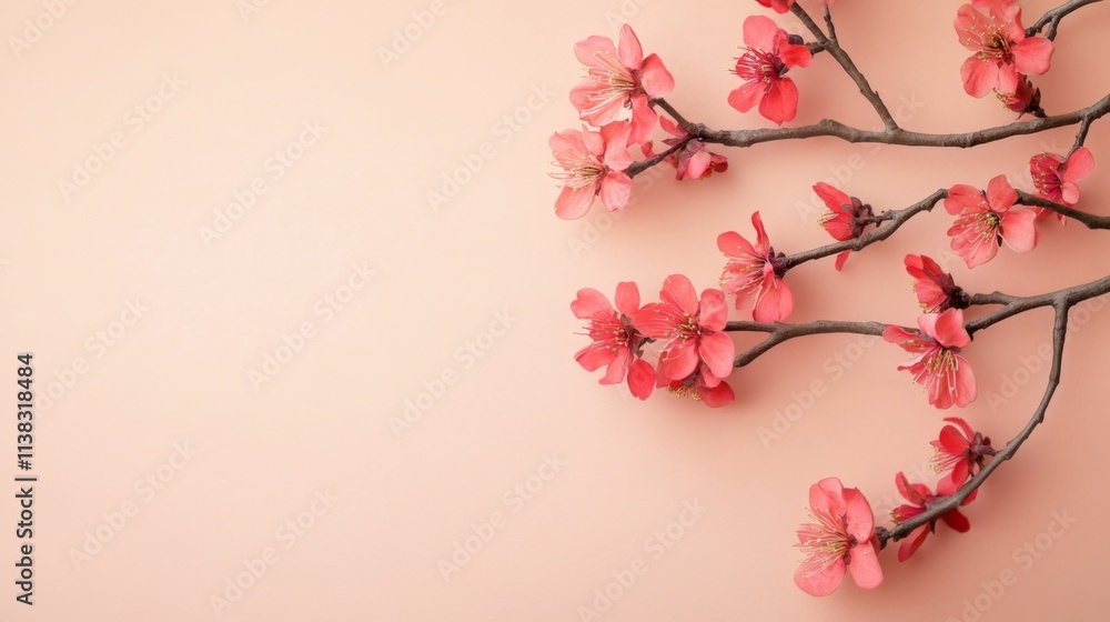 Red apricot blossom branch on soft color background. Flat lay. Chinese new year decoration. with copy space Red apricot blossom branch on soft color background. Flat lay. Chinese new year decoration. with copy space