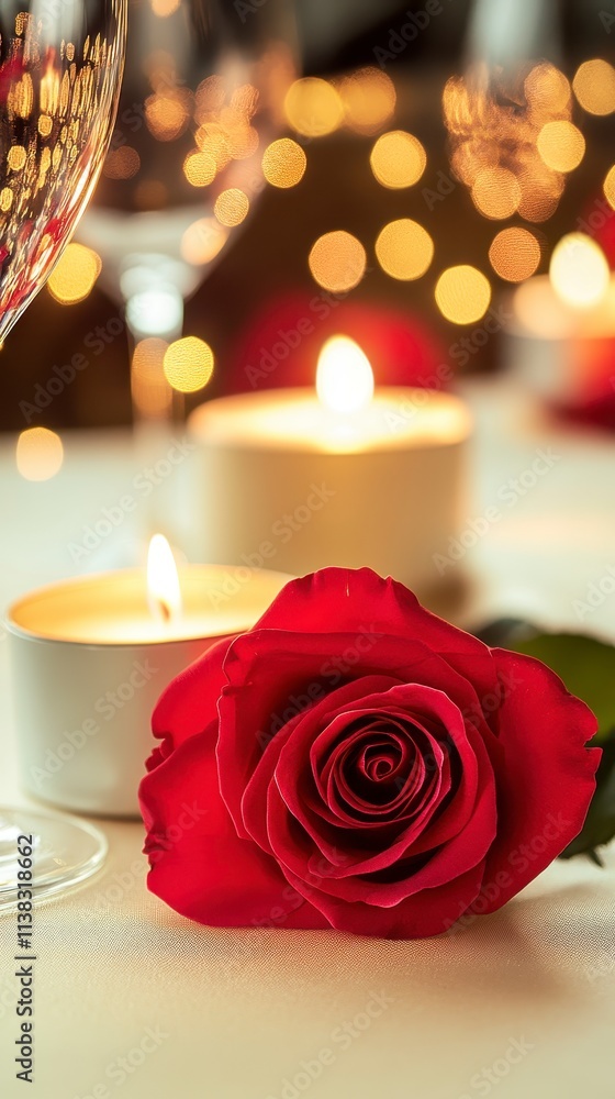 Romantic Dinner Red Rose Candles Bokeh Lights Romantic Dinner Red Rose Candles Bokeh Lights