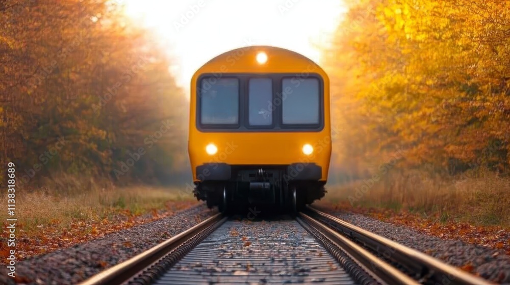 Fototapeta premium Autumn Train Journey Scenic Railroad Through Golden Forest