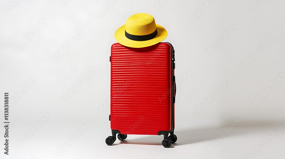 Stylish hard-shell suitcases for travel organized and functional with a yellow hat on top minimalist background Stylish hard-shell suitcases for travel organized and functional with a yellow hat on top minimalist background