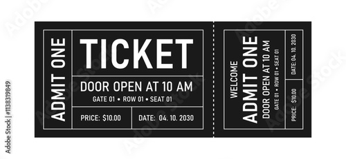 Retro ticket design template. Ticket admit one. Ticket for cinema, concert, movie, play, party, event, circus, carnival, film, festival, pass etc.