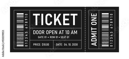 Ticket for Event or Program Access. Retro black ticket concert and festival event, movie theater coupon.