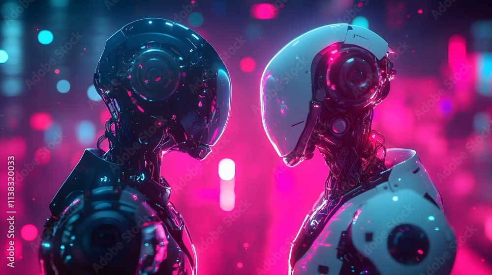 Fototapeta premium Neon-lit robots face off, a futuristic clash of metallic bodies. Intriguing details and vibrant hues.