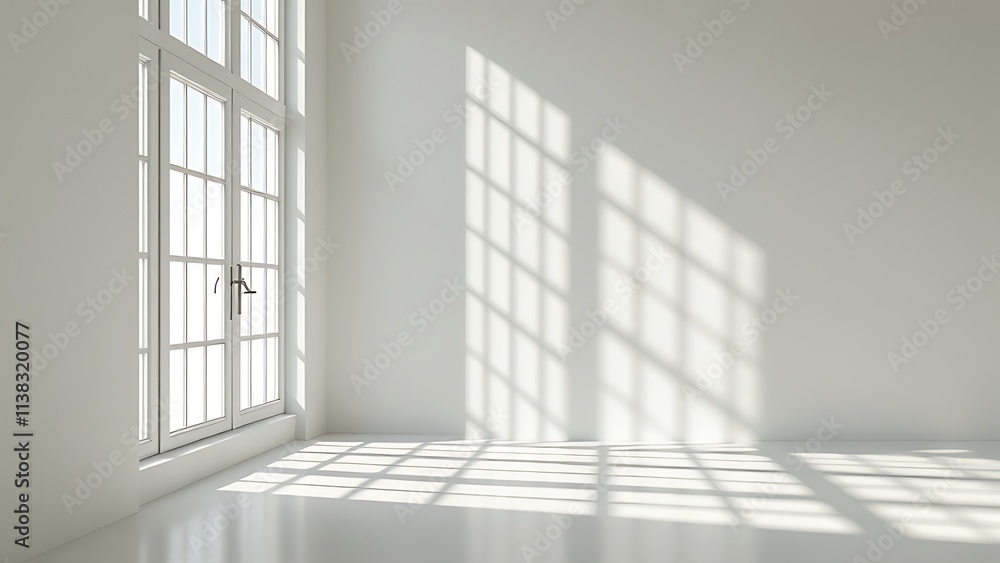 Obraz premium Authentic wall featuring a gobo shadow. Shadows cast by the window frame and blinds on a white studio background with a vector set of the lightning effect overlay.