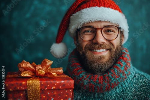 Copyspace. Isolated white white mature person man in red santa cap with wrapped box in hands, on green background. Green santa hat. Professional santa gift. Santa studio lighting. Santa hat k. photo