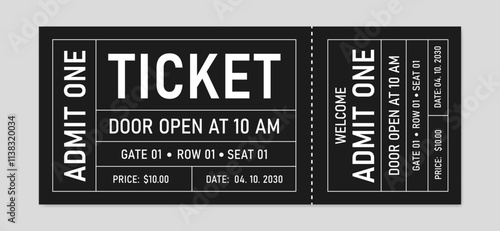 Retro ticket isolated. Classic admit one event ticket with detailed layout. Cinema, theater, concert, play, party, event, festival, coupon