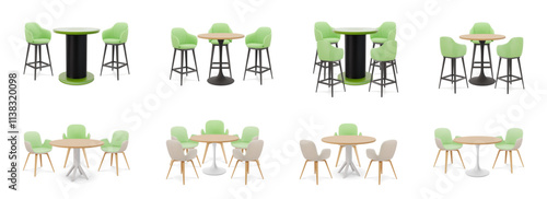 Exhibition table with chairs. Stand booth for trade show. Office seat for promotion fair or event. Blank furniture. Counter stool. Empty studio desk. Room furnishing. Vector isolated set