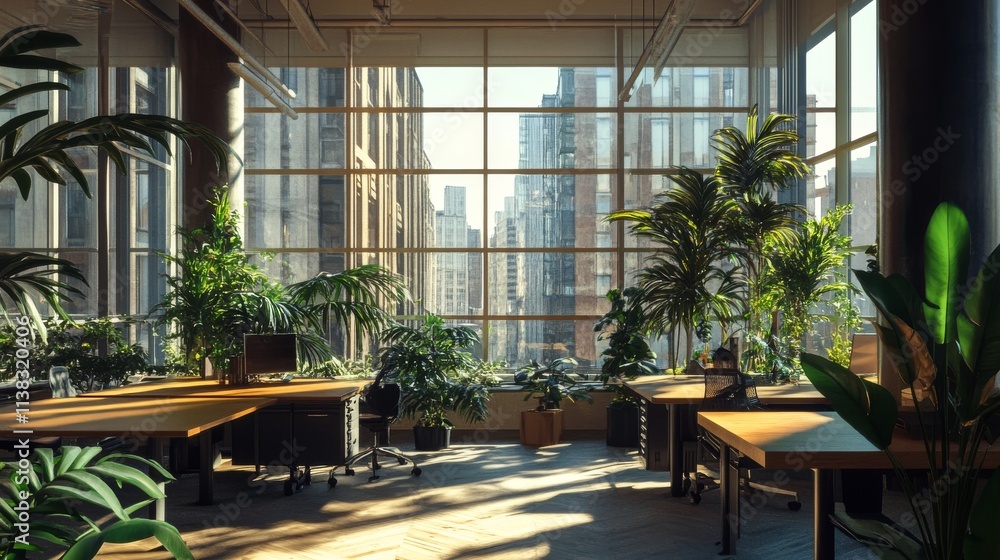 Naklejka premium Blur background of office interior with large windows with city urban view, plants, and wooden desks at sunset. Modern workplace and urban greenery concept. Design for poster, wallpaper. Spate.