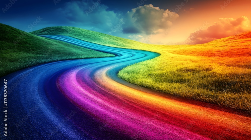 Naklejka premium Vibrant Rainbow Road winds through lush green and golden hills under a dramatic, colorful sky. A journey of dreams!