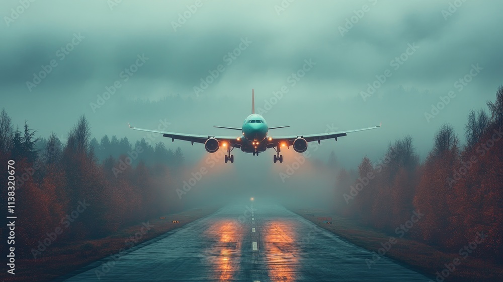 Fototapeta premium Airplane landing in foggy, rainy weather over forest.