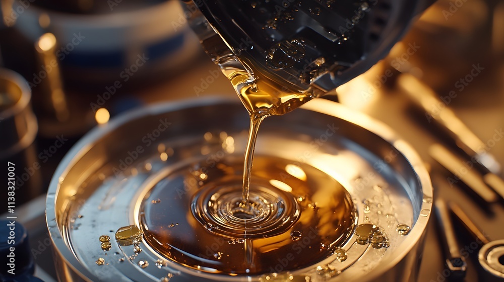 Golden oil drips into a metallic basin, creating mesmerizing concentric circles. A close-up view of industrial precision. Golden oil drips into a metallic basin, creating mesmerizing concentric circles. A close-up view of industrial precision.