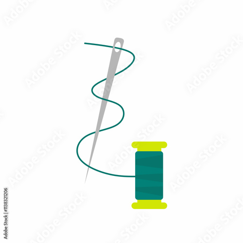 Vector illustration of sewing needle with thread and bobbin on white background, symbolizing concept of sewing, garment sewing, or creative crafts.