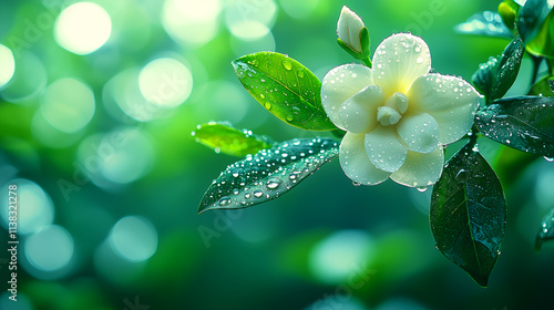 beautiful gardenia plant with flower buds and soft green leaves surrounded by dew drops photo