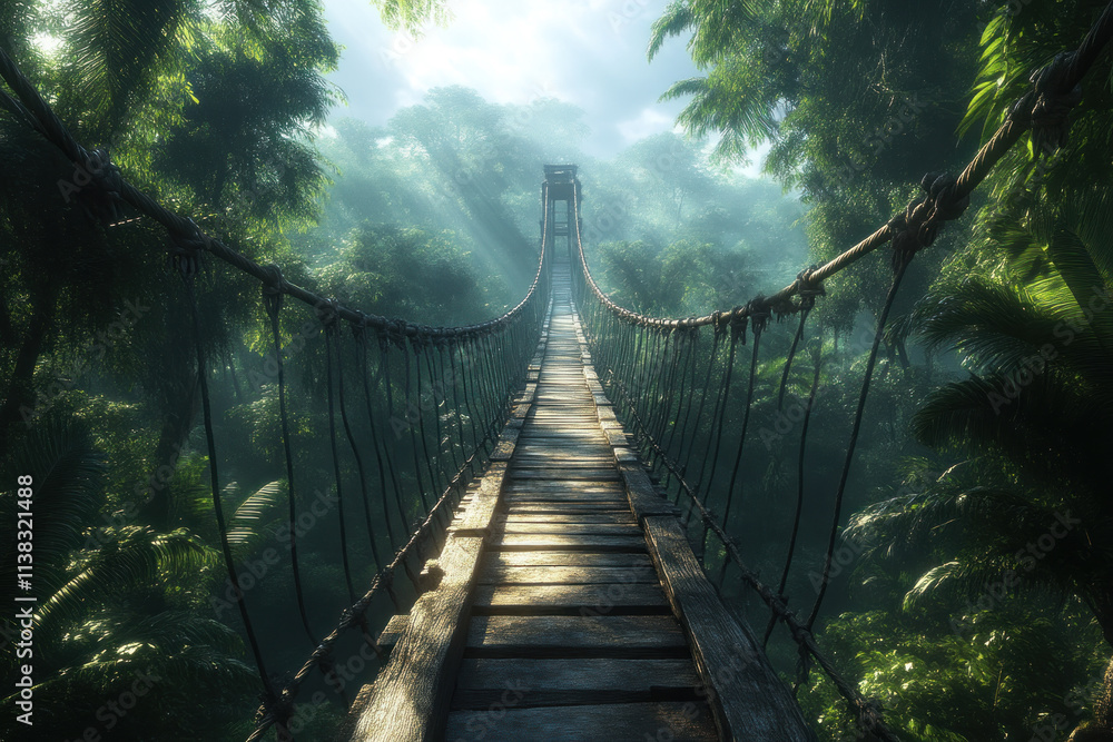Fototapeta premium Rope bridge over foggy jungle.