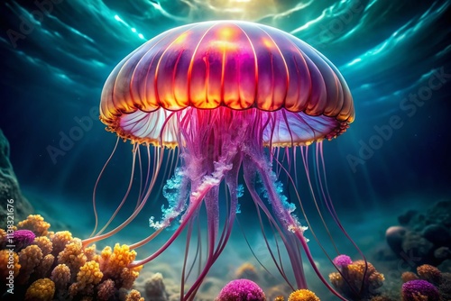 Immortal Jellyfish:  Stunning Underwater Photography, Rule of Thirds Composition, Bioluminescent Ocean Life, Deep Sea Creature,  Turritopsis dohrnii, Hydrozoa,  Mesmerizing Jellyfish Image photo