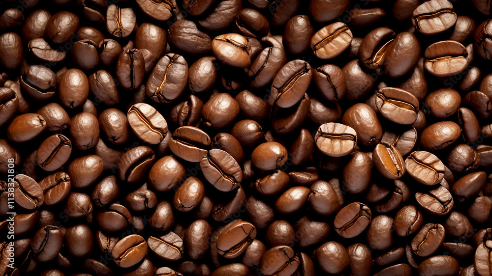 Obraz premium Creative coffee banner panorama wallpaper, seamless pattern texture - Top view of brown roasted coffee beans, top view