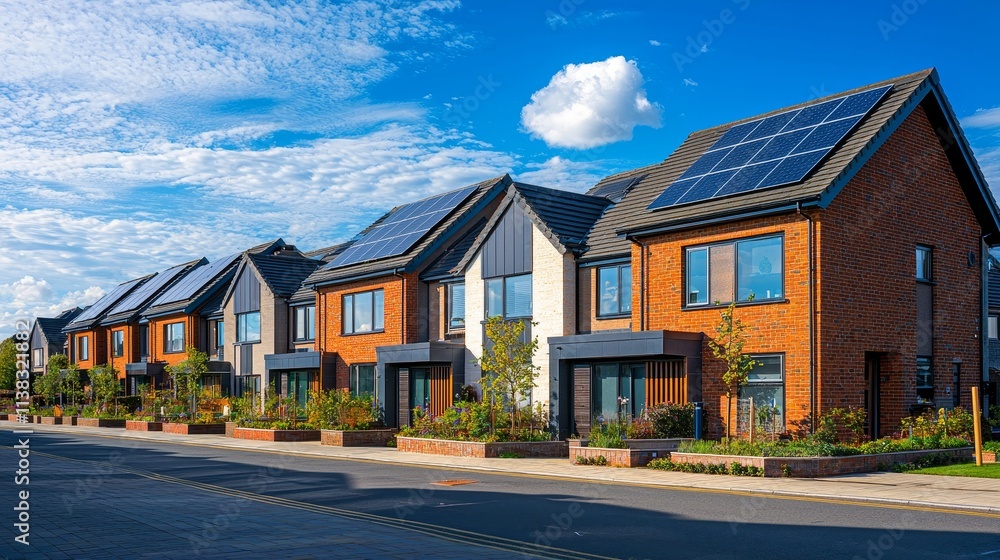 Fototapeta premium Modern Housing Complex with Solar Panel Roofs Under Bright Blue Skies