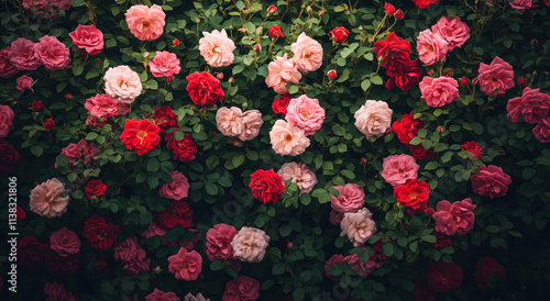 A stunning array of roses in shades of red and pink fills the garden, showcasing their beauty under the warm sunlight of a late spring afternoon, surrounded by green foliage.