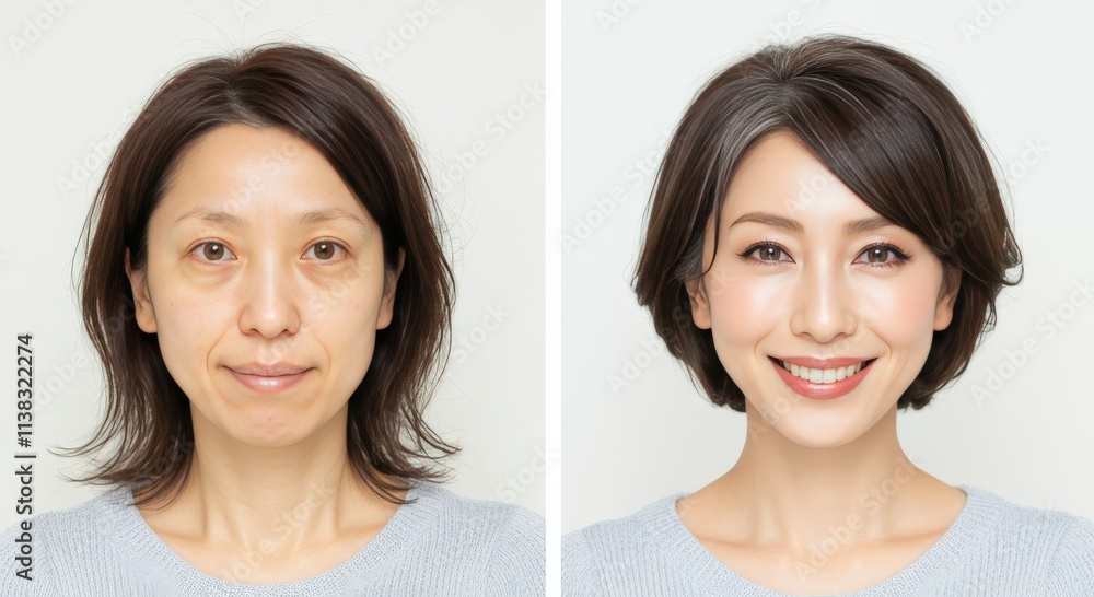 Transformation of asian woman featuring before and after beauty enhancement Transformation of asian woman featuring before and after beauty enhancement