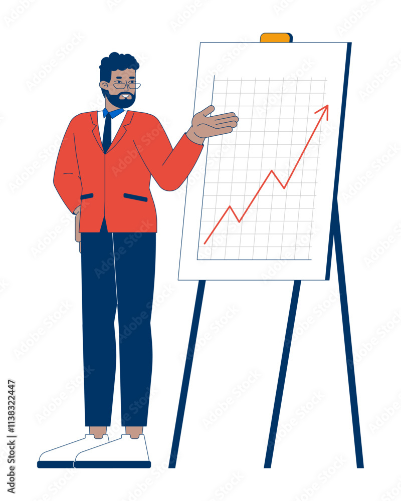 Black man manager pointing on line graph upward arrow easel 2D cartoon character. African american executive revenue growth isolated person flat vector on white background. Spot illustration colorful Black man manager pointing on line graph upward arrow easel 2D cartoon character. African american executive revenue growth isolated person flat vector on white background. Spot illustration colorful