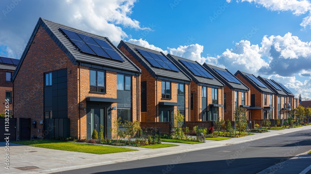 Modern Housing Complex with Solar Panel Roofs Under Bright Blue Skies Modern Housing Complex with Solar Panel Roofs Under Bright Blue Skies