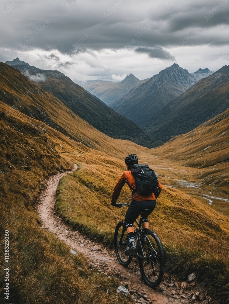 A cyclist navigates a rugged mountain trail amidst dramatic landscapes and moody skies. A cyclist navigates a rugged mountain trail amidst dramatic landscapes and moody skies.