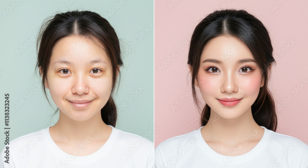 Asian female makeup transformation before and after for beauty and skincare concepts Asian female makeup transformation before and after for beauty and skincare concepts